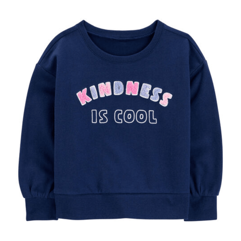 Sudadera Carters azul marino para niña con mensaje Kindness Is Cool en rosa y gris.