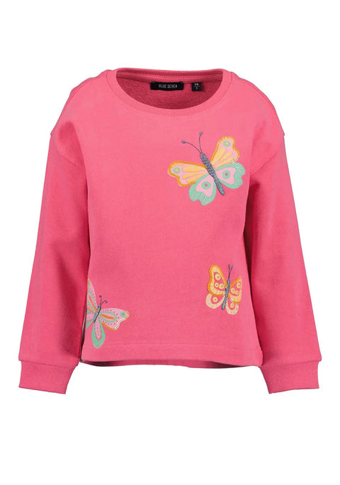 Sudadero rosa Blue Seven para niña con mariposas bordadas, vista frontal de la prenda.
