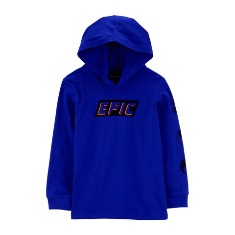 Sudadero azul Carters para niño con capucha, diseño 'EPIC' en pecho y gráficos en manga, ideal para invierno.