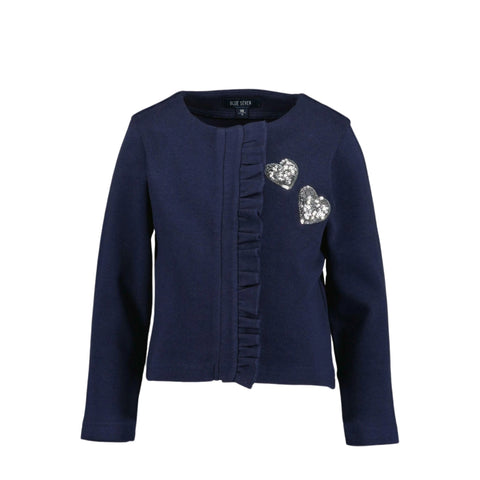 Suéter Blue Seven azul marino para niña con vuelo frontal y dos corazones plateados de lentejuelas.