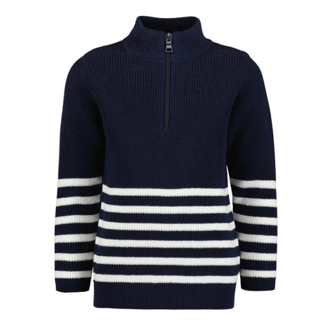 Suéter Blue Seven azul marino para niño con cuello alto, zipper y rayas blancas horizontales