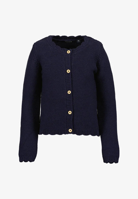 Suéter azul de punto Blue Seven para niña con botones dorados y bordes ondulados.