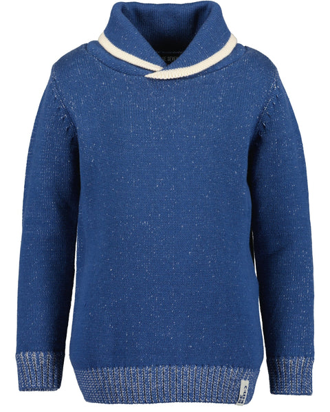 Suéter Blue Seven azul para niño con cuello de chal, tejido con puntos blancos.