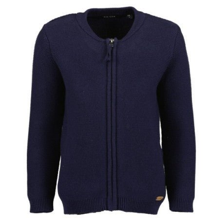 Suéter de niño Blue Seven azul marino con zipper, tejido acanalado y cuello redondo.