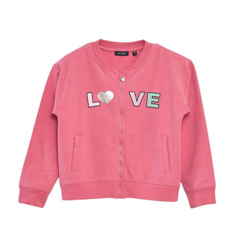 Suéter rosado Blue Seven para niña, con zipper, corazón brillante y letras 'Love'.