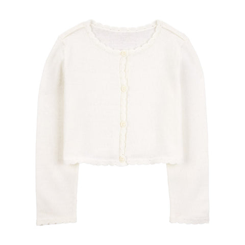 Suéter cardigan blanco Carter's para niña con botones y bordes festoneados, moda infantil.