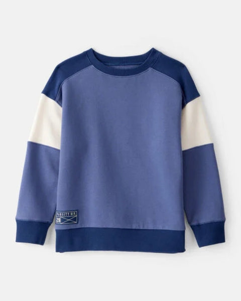 Suéter Carters color block para niño, tonos azul marino, azul claro y blanco crema. Manga raglán.
