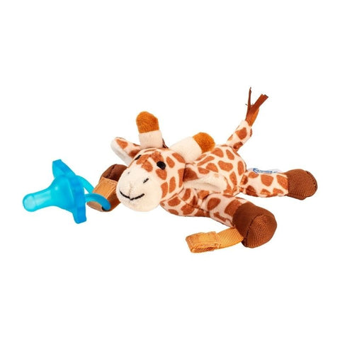 Peluche suave de jirafa con manchas marrones y sujetador de chupete de silicón azul para bebé.