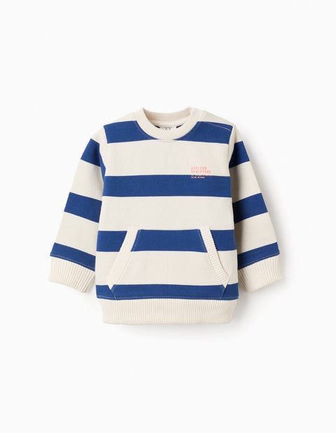 Sudadera Zippy de algodón para bebé con rayas azules y crema, bolsillo canguro y cuello redondo.
