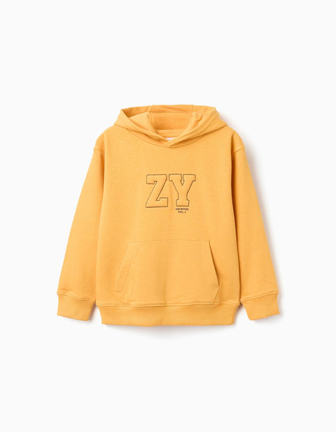 Sudadera Zippy ZY amarilla para niño, vista frontal con estampado ARCHIVES VOL. 1 y bolsillo
