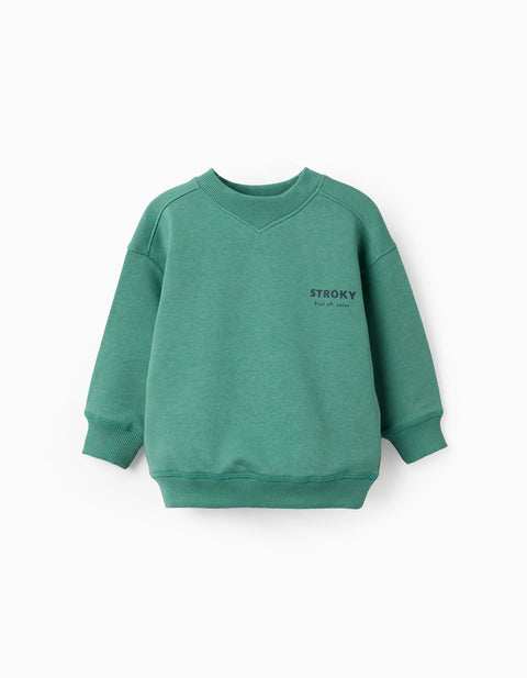 Sudadera Zippy de fleece verde con cuello V, estampado STROKY en el frente y diseño divertido.