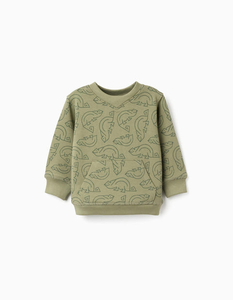 Sudadera de bebé Zippy verde oliva con estampado de lagartijas y bolsillo canguro, vista frontal.