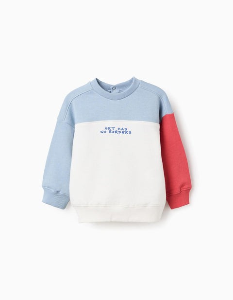 Sudadera Zippy de bebé color block azul claro, blanco y rojo con el mensaje "Art Has No Borders" al