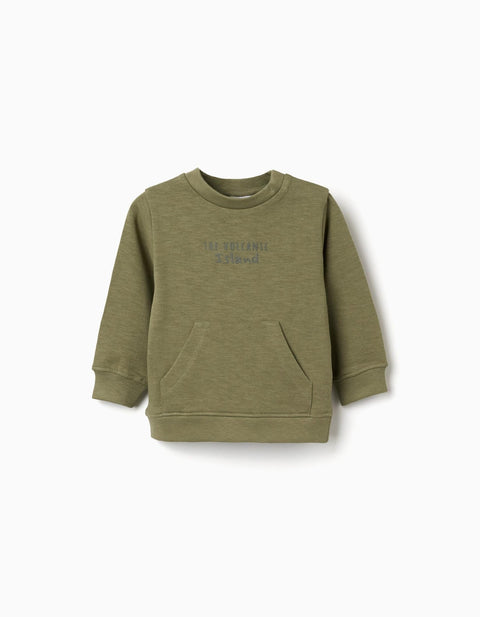 Sudadera de fleece Zippy para bebé niño en verde oscuro, con bordado "THE VOLCANIC Island" y