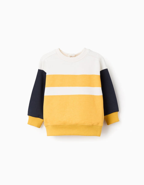 Sudadera Zippy de fleece para bebé niño, a rayas amarillas, blancas y azul marino, vista frontal.