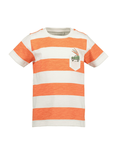 Camiseta de niño Blue Seven rayada naranja y blanca con estampado de camioneta verde en bolsillo.