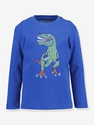 Camiseta Blue Seven de manga larga azul para niño con dinosaurio que brilla en la oscuridad.