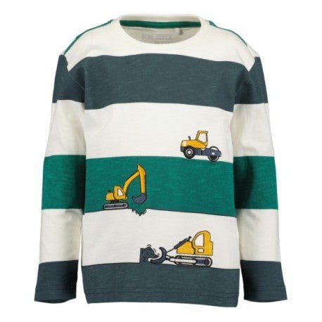 Camiseta de manga larga Blue Seven para niño, con rayas verdes, crema y vehículos de construcción amarillos.