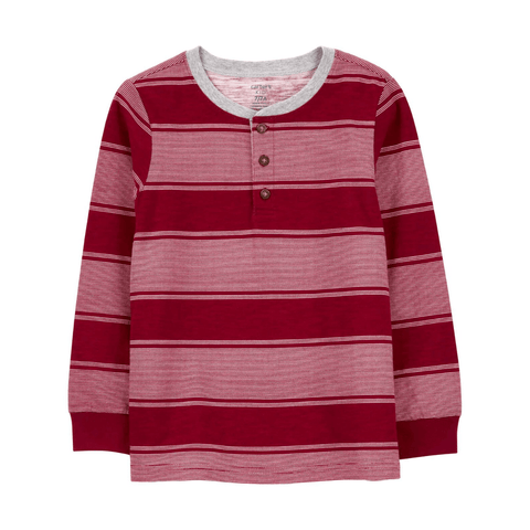 Playera Carters niño manga larga rayada corinta con botones, cuello gris y puños elásticos.