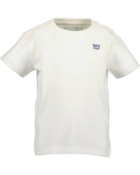Playera niño Blue Seven Beach offwhite de algodón orgánico con logo "Beach Club" morado en el pecho.