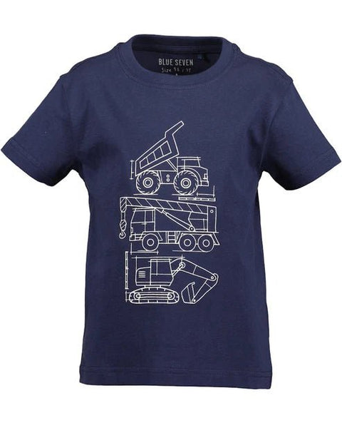 Camiseta Blue Seven azul marino para niño con estampado de volquetas, grúas y excavadoras en blanco.