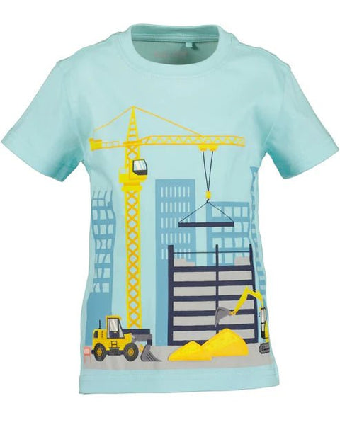 Camiseta Blue Seven de algodón orgánico celeste para niños con estampado de construcción en el