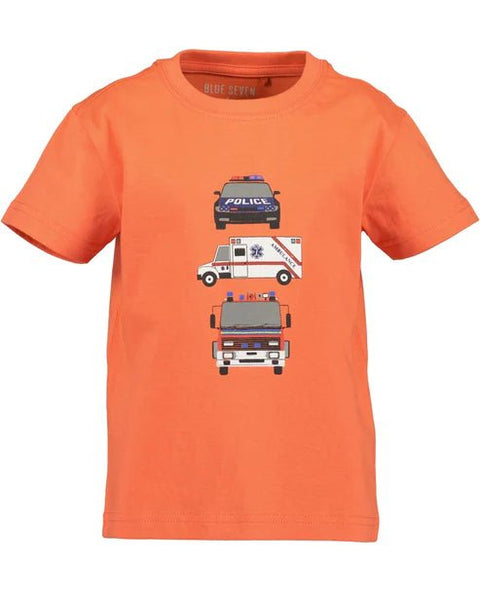 Camiseta naranja de algodón orgánico Blue Seven para niño con estampado de vehículos de emergencia: