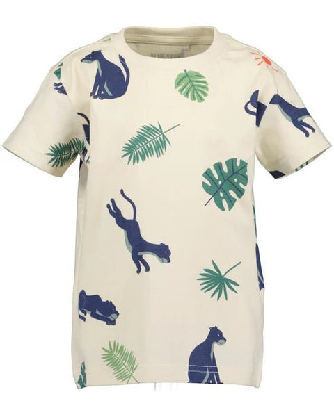 Playera niño Blue Seven color crema, estampado de panteras azules y hojas tropicales.