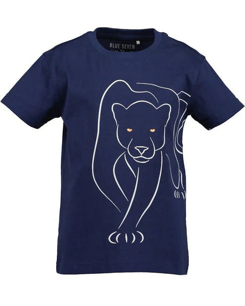 Playera de manga corta Blue Seven azul marino para niño con estampado de jaguar blanco y ojos