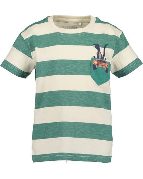 Camiseta de niño Blue Seven con rayas horizontales verde y crema, bolsillo estampado con dinosaurio