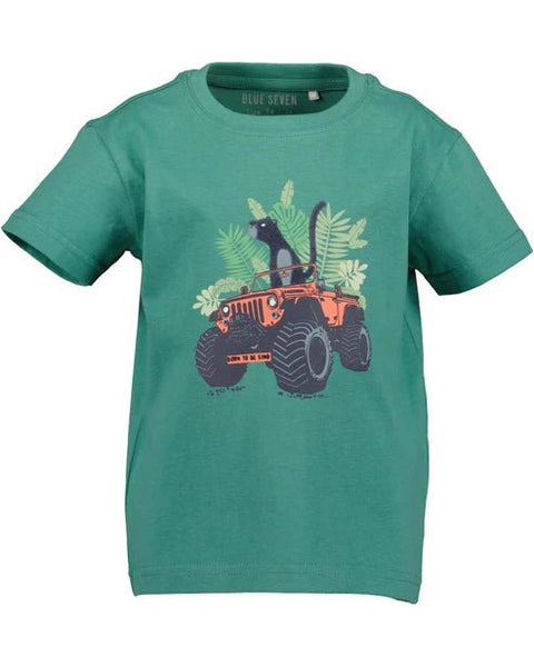 Playera verde Blue Seven para niño con estampado de pantera en jeep todoterreno y hojas tropicales.