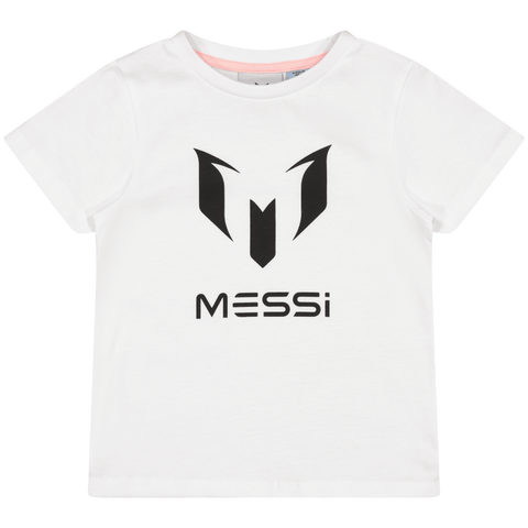 Playera Messi Logo blanca unisex para niños, con diseño frontal del icónico símbolo negro de Messi.
