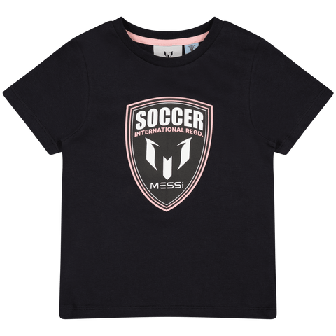 Playera deportiva Messi negra unisex manga corta con logo de escudo rosa y blanco.