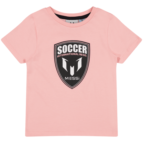 Playera deportiva Messi color rosado para niños con logo escudo frontal. Ropa infantil unisex.