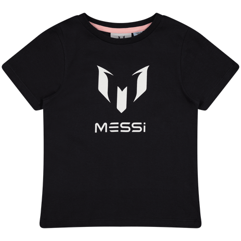 Playera deportiva Messi negra con logo blanco frontal, manga corta unisex para niños.
