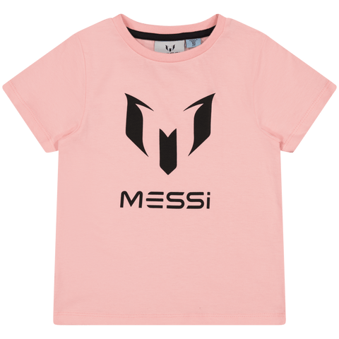 Playera Messi Logo rosada unisex para bebés y niños, frente. Camisa deportiva de algodón suave.