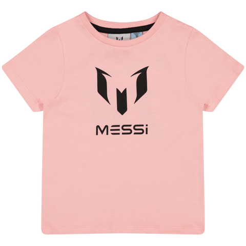 Playera Messi rosada de manga corta para niños, logo frontal negro de Messi, estilo moderno y vibrante.