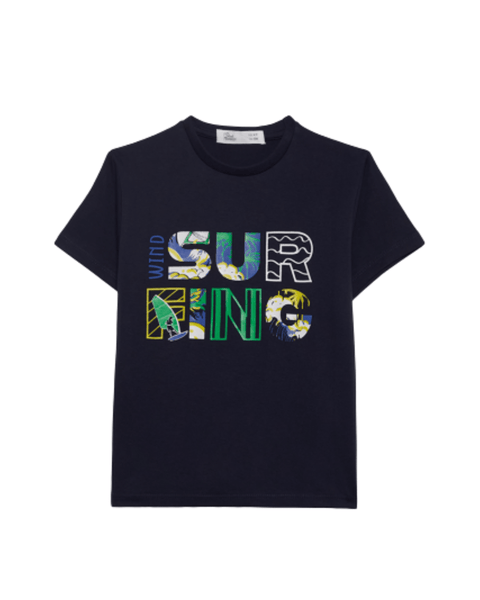 Camiseta azul marino Street Monkey para niño con estampado "Wind Surfing" y tabla de surf.