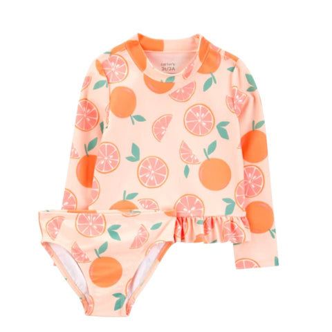 Traje de baño Carters niña 2 piezas manga larga, estampado de naranjas y toronjas, rosado pálido.