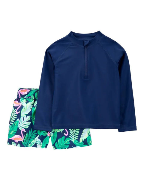 Traje de baño Carters niño, camisa manga larga azul marino y pantaloneta estampada flamencos.