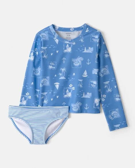 Traje de baño Carters 2 piezas niña: camiseta manga larga estampada azul y calzoncito a rayas.