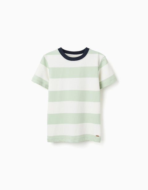 Camiseta Zippy de niño a rayas verde claro y blanco, cuello azul marino, vista frontal.