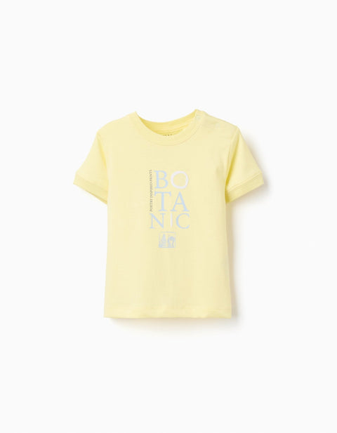 Camiseta de bebé Zippy amarilla de manga corta con estampado botánico en el pecho.