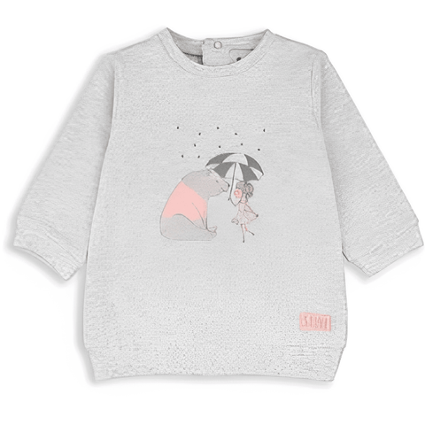 Vestido Baby Bol gris manga larga para niña, con estampado de oso y niña bajo paraguas.