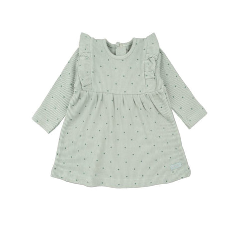 Vestido de niña Baby Bol verde menta con puntos negros, manga larga y vuelitos en hombros