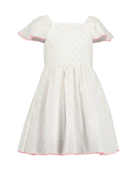 Vestido Blue Seven blanco de niña con manga corta, puntos de colores y detalles rosados.