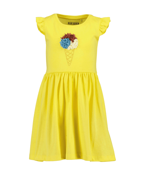 Vestido Blue Seven amarillo para niña con diseño de helado 3D y vuelitos en los hombros.