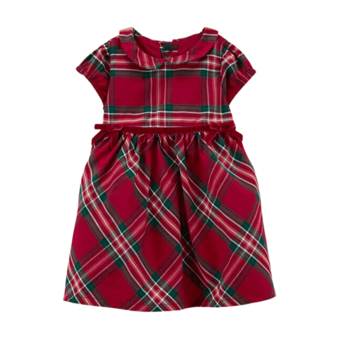 Vestido Carters de cuadros escoceses rojo y verde para bebé niña con cuello y lazo de terciopelo