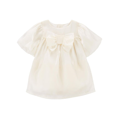 Vestido Carters de fiesta crema para niña, mangas cortas abullonadas, lazo frontal.