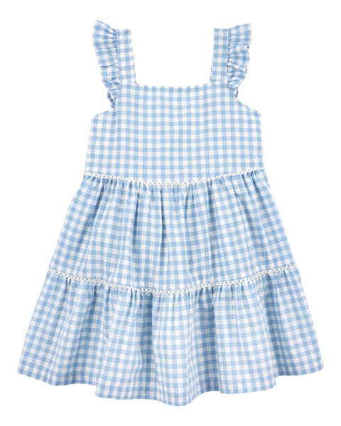 Vestido Carter's niña cuadros celeste, algodón suave, tirantes con olanes.